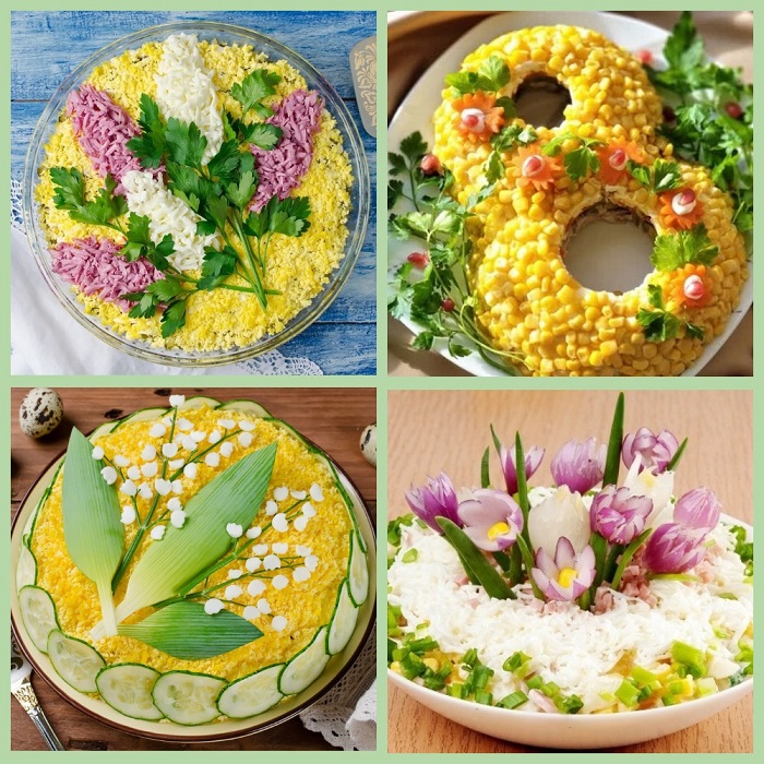 украшение салатов на праздник 8 марта