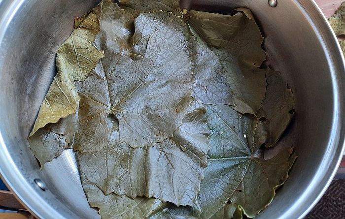 виноградные листья на дне кастрюли
