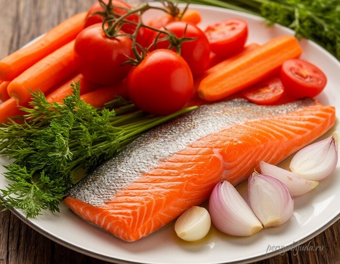 ингредиенты для супа из красной рыбы с помидорами