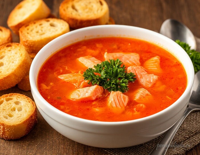 суп с красной рыбой и помидорами с гренками
