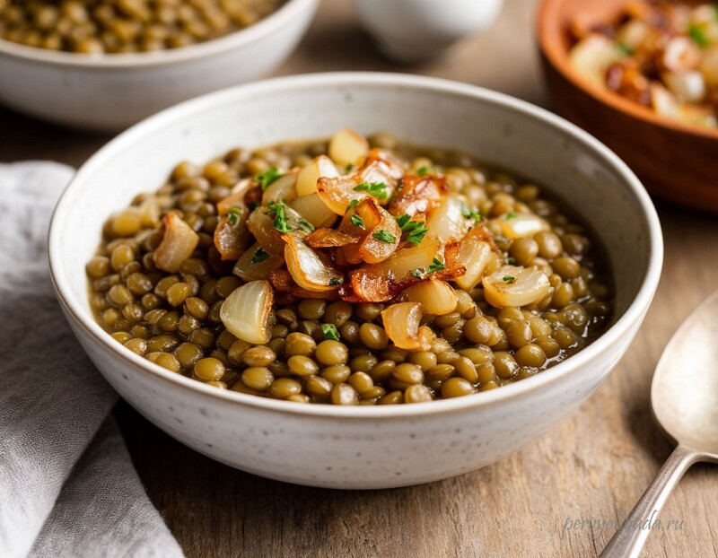 каша из зеленой чечевицы с поджаренным луком